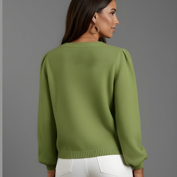 Round Neck Long Sleeve Button Front Cardigan Green - Picture 4 of 5